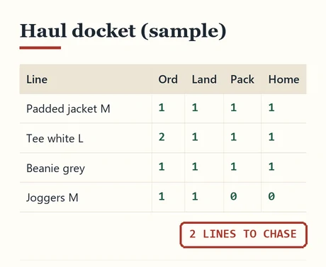 Sample docket table with four lines and four count columns, stamped with two lines to chase