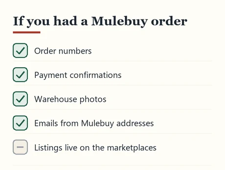 Checklist of records to keep from a Mulebuy order