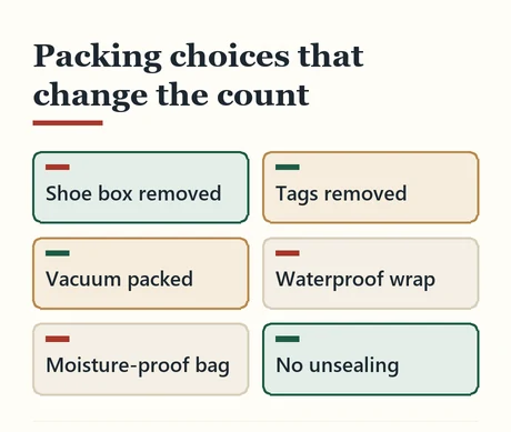 Six tiles naming packing options such as shoe box removed and tags removed