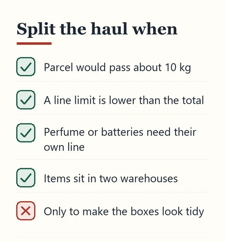 Checklist of reasons to split a haul into more than one parcel