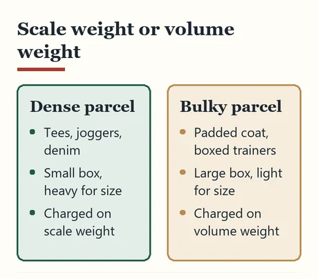 Comparison of a dense parcel charged on scale weight and a bulky parcel charged on volume weight