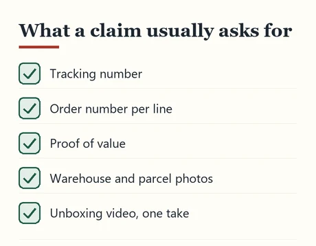 Checklist of documents needed for a parcel insurance claim