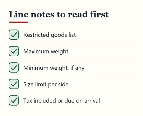 Checklist of line notes such as restricted goods and weight limits
