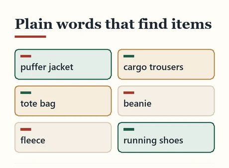 Six tiles with plain English search words such as puffer jacket and tote bag