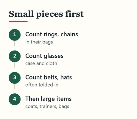 Four steps showing small accessories counted before large items