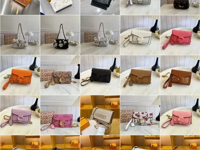 Grid of small handbags and clutch bags in several colours