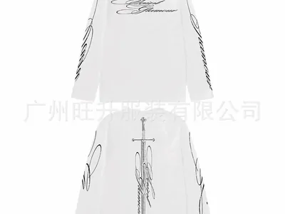 White long-sleeve tee with black script and a sword print, front and back
